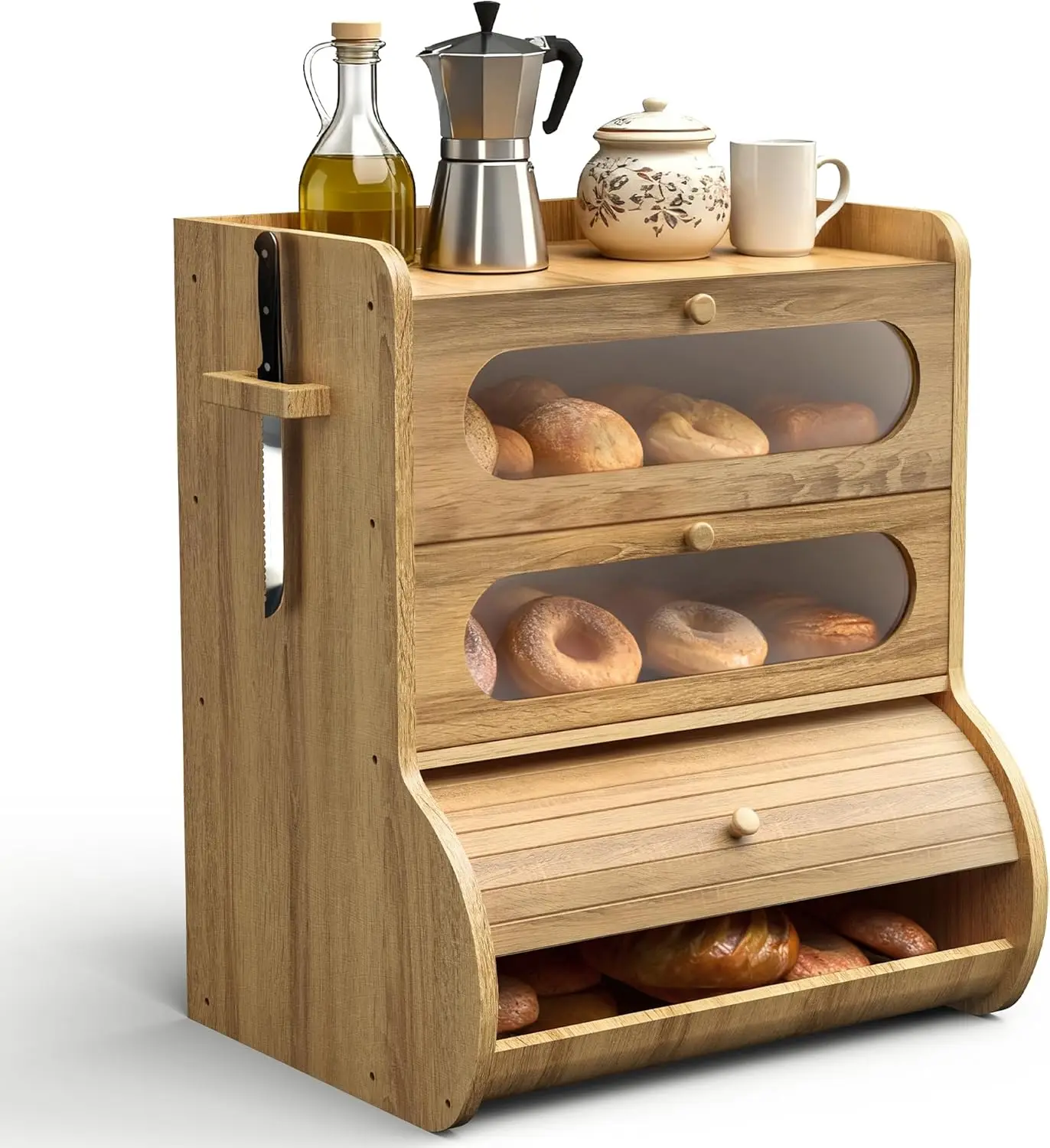 

3-х уровневая бамбуковая хлебница с окном, подставкой для разделочной доски и держателем для ножей для организации кухни