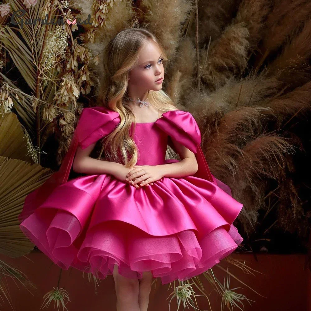 

Flower Girl Dress Layers Puffy Sleeves Princess Girl Dress Rose Satin Bow Child Party Birthday Dresses Gown