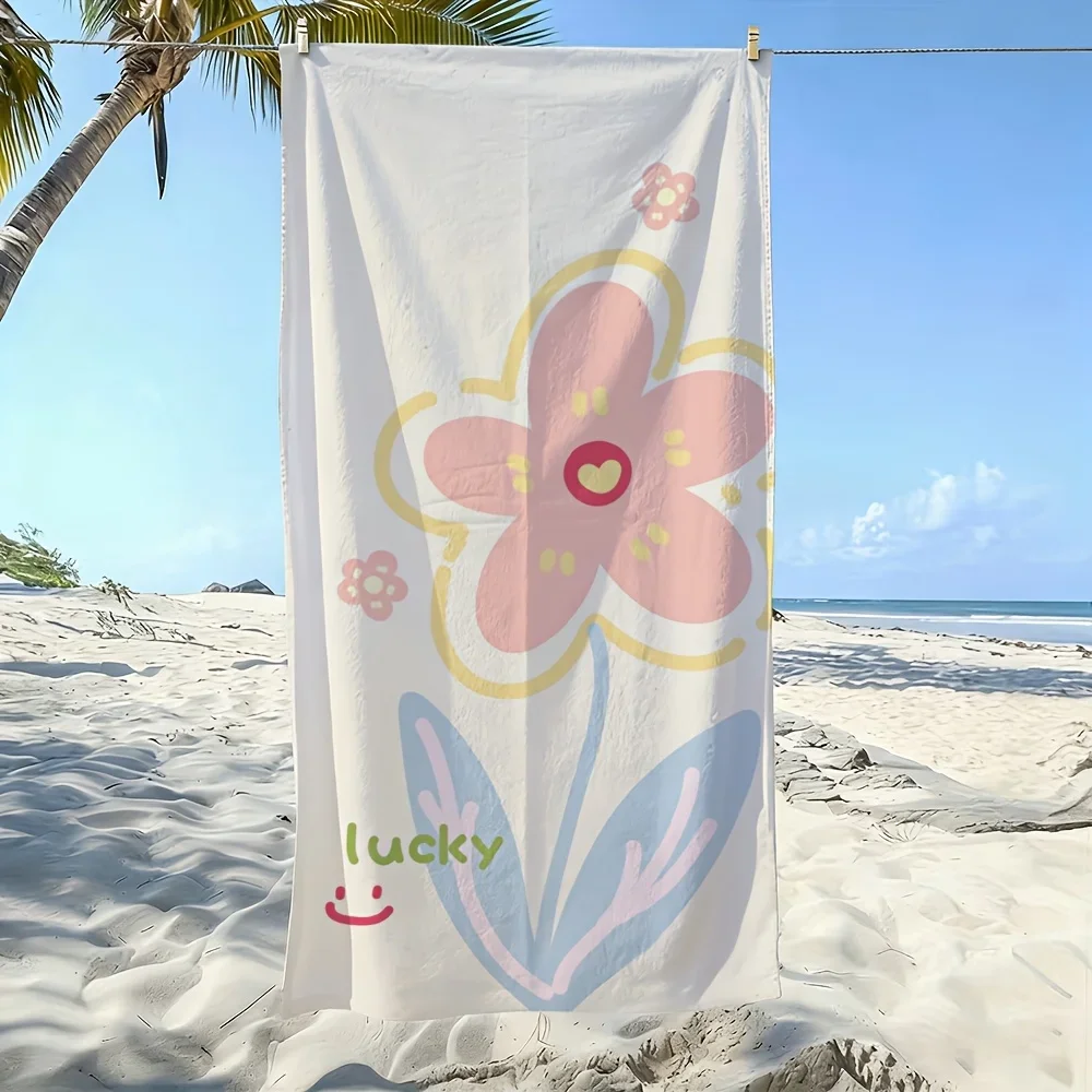 2D Flat, 1pc, Pink Floral Illustration with Lucky Text and Joyful Face Beach Towel, Soft and Skin-friendly, Non-shedding Easy to