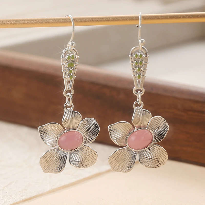 Vintage niedliche, blumenförmige, mit rosa Stein besetzte Anhänger-Ohrringe für Frauen, schönes Geschenk zum Geburtstag, Urlaub, Charm-Schmuck