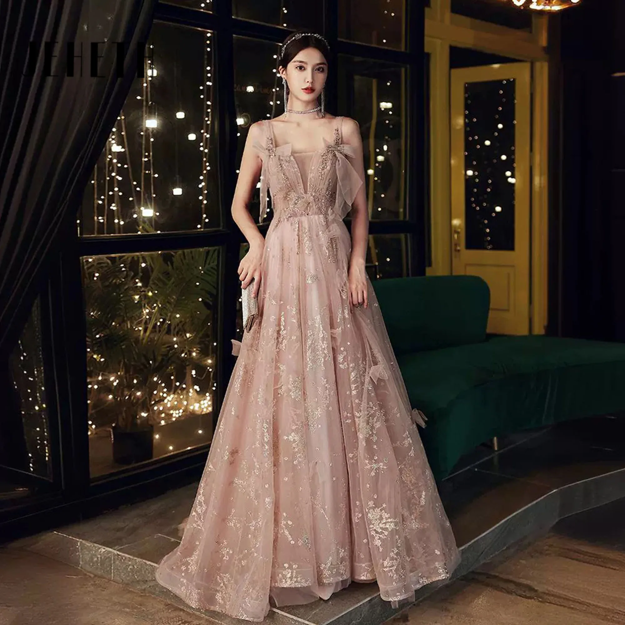 

JEHETH Pink Bow Sequins Straps Evening Dress Elegent Long Exquisite Vestidos De Boda Para Fiestas Flowers Appliques Prom Dresses