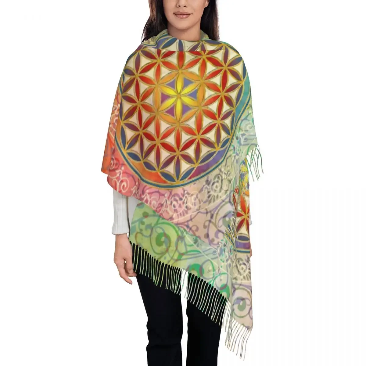 Flower Of Life Vintage Geometric Scarf Wrap Women Long Winter Fall Warm Tassel Shawl Unisex Mandala Scarves