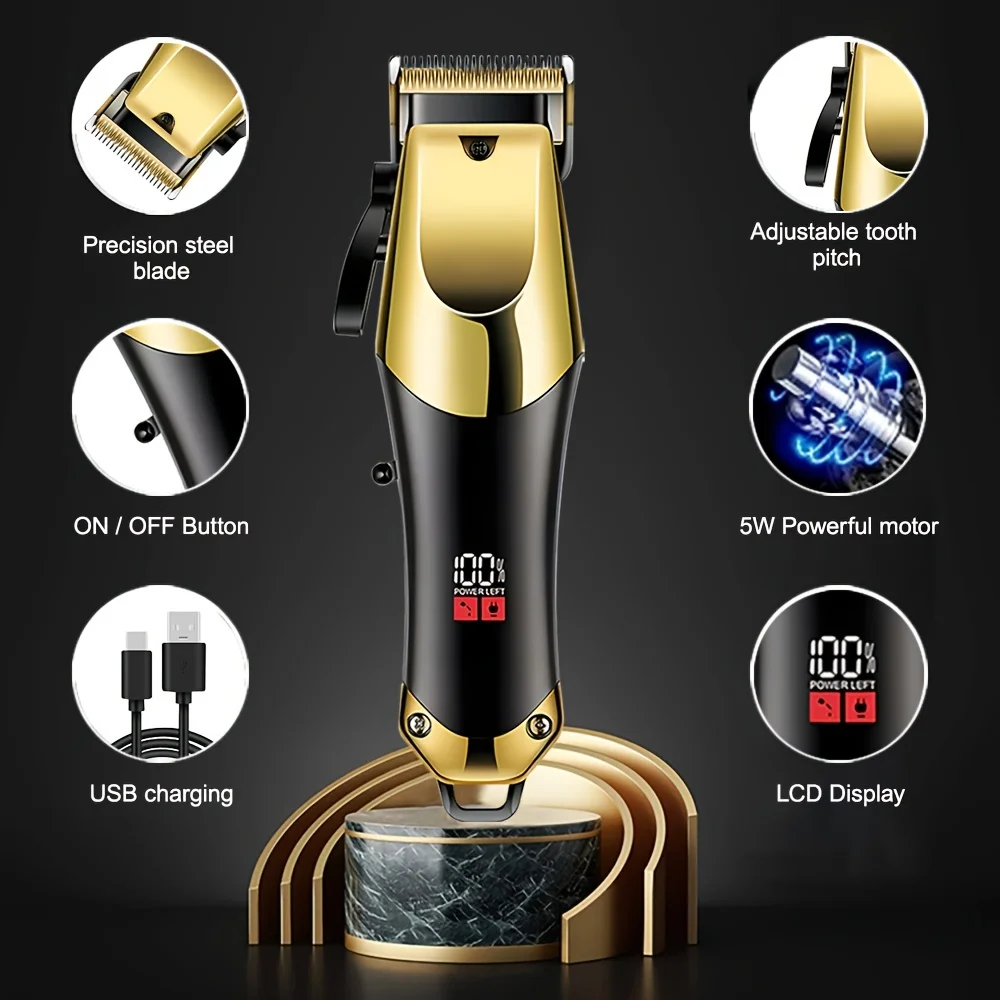 Men\'s Professional Hair Clipper, Hair Cutting Machine, USB Rechargeable Cordless Hair Clipper With LED Display, Festival Gift