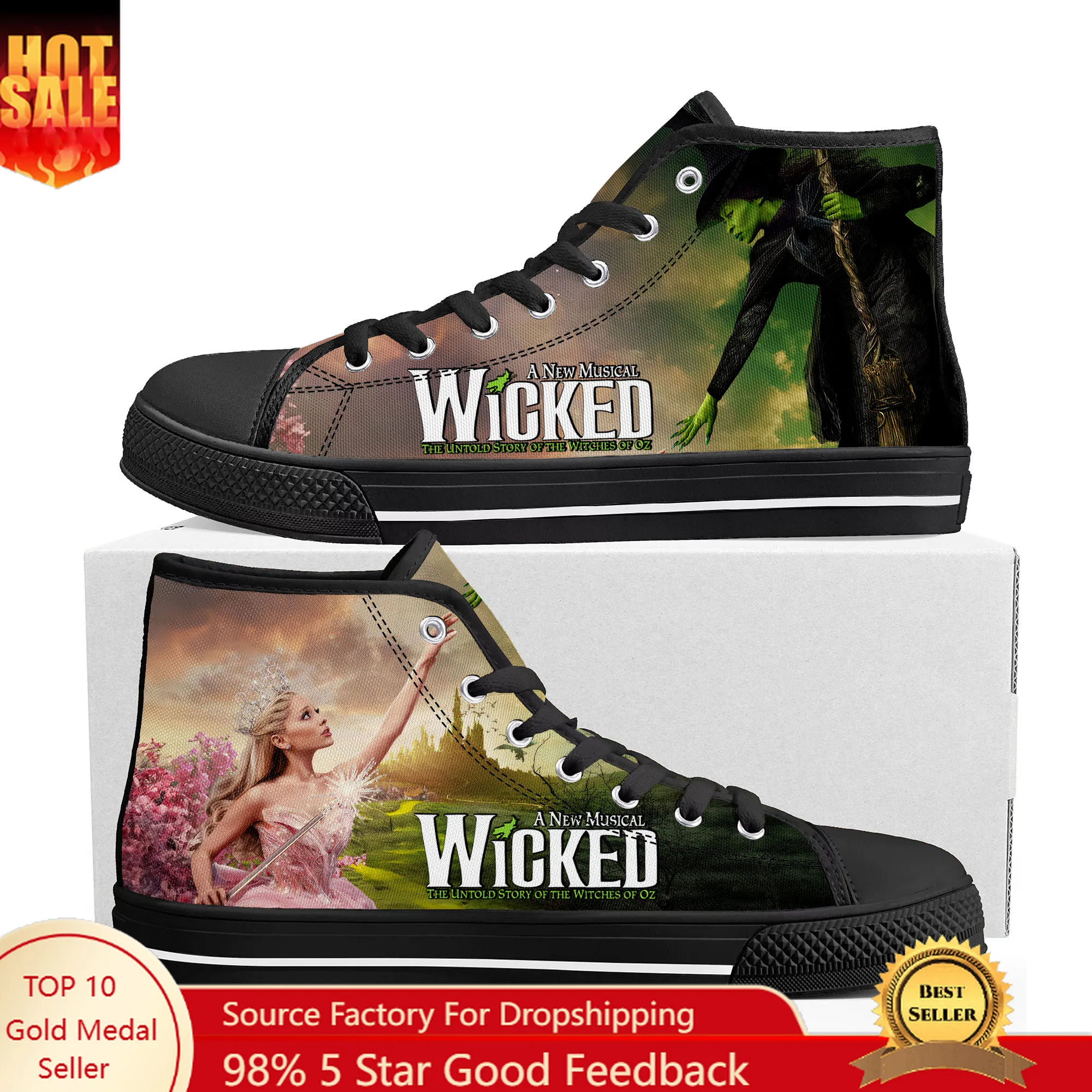 

WICKED He Musical Elphaba The Wicked Witch of the West High Top Sneakers Mens Womens Teenager Canvas Sneaker Customize Shoe