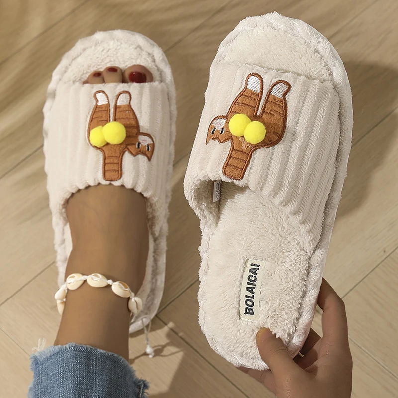 2026 Cartoon Cat Home Slippers Women Autumn Winter Soft Sole Warm Plush Slides Woman Lightweight Indoor Stripe Cotton Slippers