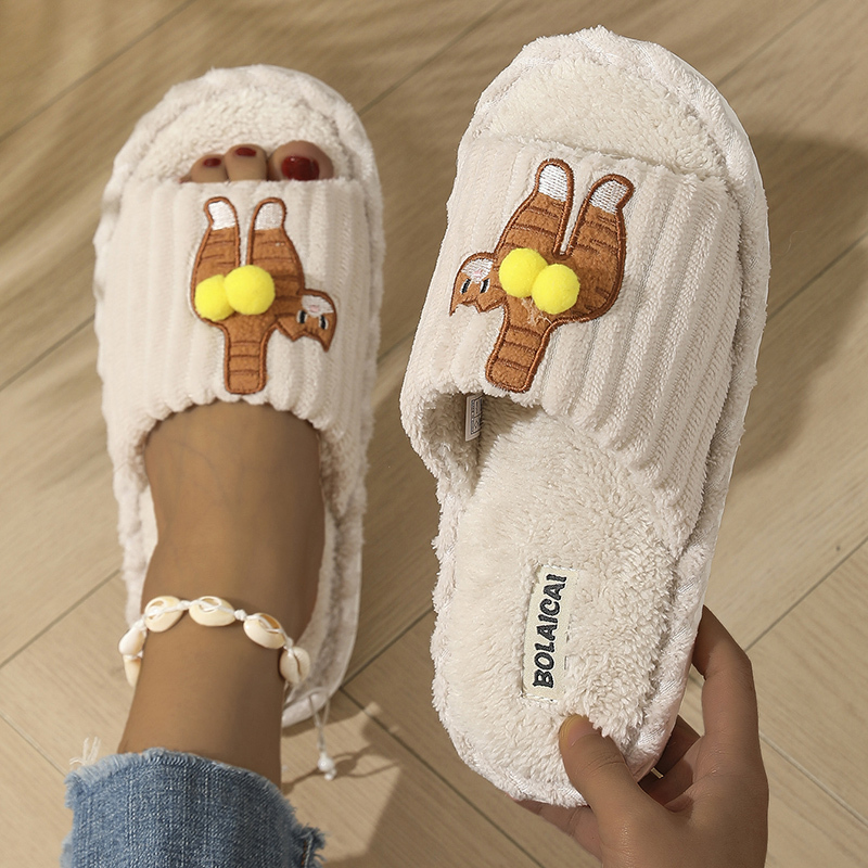  2026 Cartoon Cat Home Slippers Women Autumn Winter Soft Sole Warm Plush Slides Woman Lightweight Indoor Stripe Cotton Slippers 
