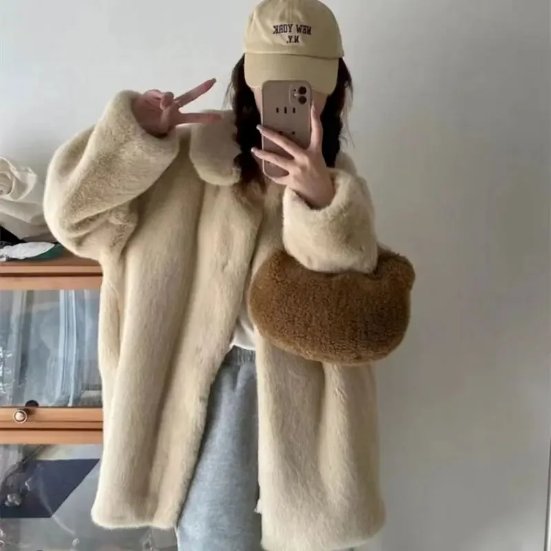 Y2k Winter Warm Lapel Environmental Protection Fur Coats Women Korean Fashion Loose Casual Women Bei