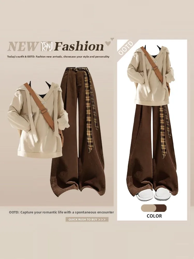

Retro Spring Autumn Women's Casual Hoodie And Wide Leg Pants Two Piece Set High Waist Long Pants Comfortable Fit Faion Ense...