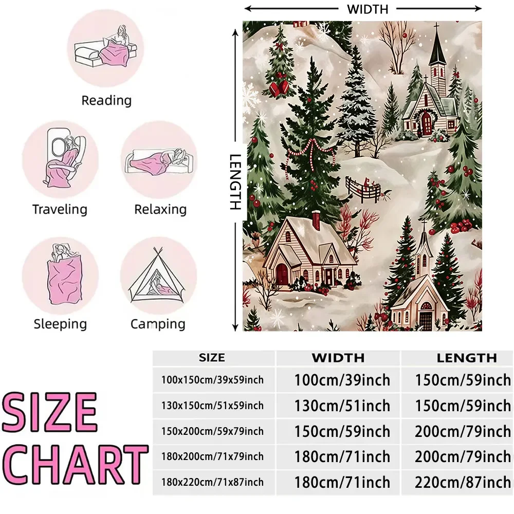 Christmas Snow Village Church Scenery Flannel Blanket Soft Warm Sofa Nap Throw Blanket Winter Home Decor Holiday Gift Blanket