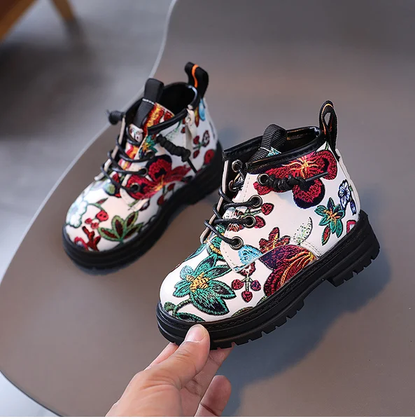 National Floral Printing Ankle Boots for Kids Girls Cozy Spring Autumn Cotton Boots Shoes Girl Fancy Shoes Child