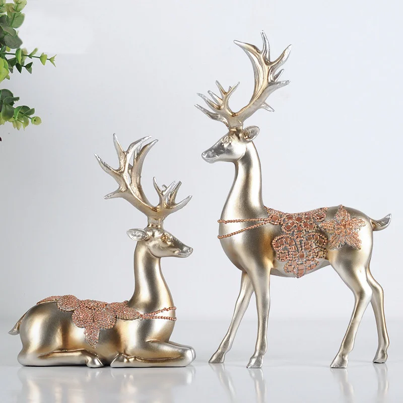 2pcs/set Reindeer Resin Figurines Ornaments Couple Deer Sculpture for Living Room Bookshelf Bedroom Wine Cabinet Decoration