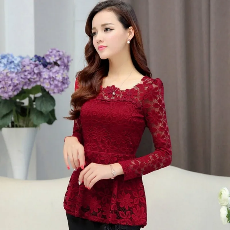 Plus size New Women Long-sleeved Lace Shirt Slim High Waist Hollow crochet Flower Lace Blouse womens tops and blouses S-5XL