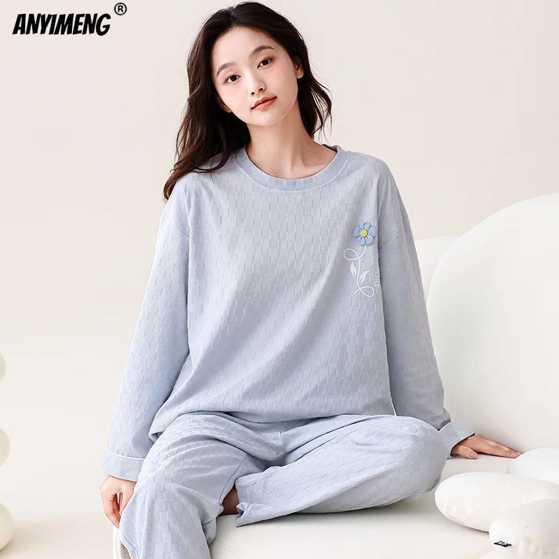 Autumn Winter Cotton Pajamas for Women Long Sleeves O-neck Sleepwear HQ Pijamas Causal Simple Purple Home Suit Ladies Pyjamas