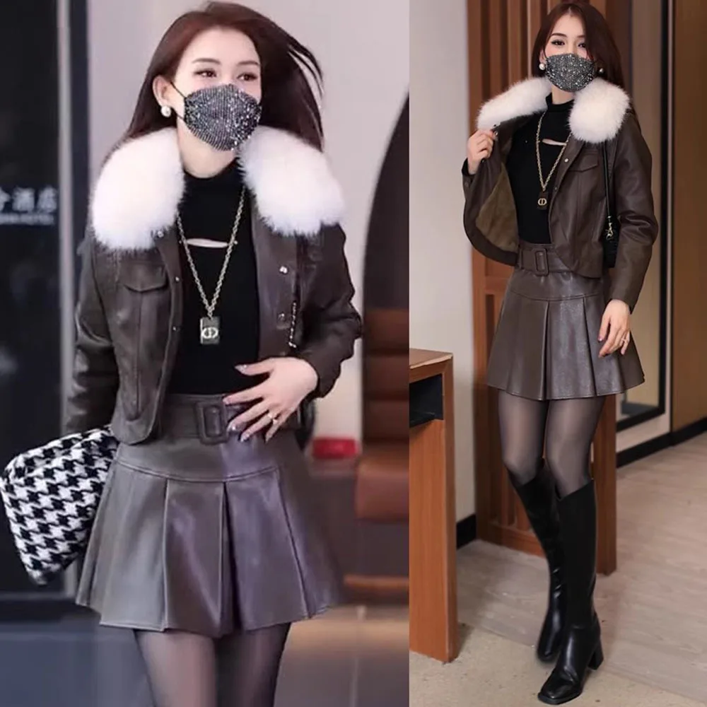 Autumn Winter Fashion Women Fur Collar Jackets Faux PU Leather Moto Coats Female Slim Outerwear + Pleated Skirt Two Piece Sets