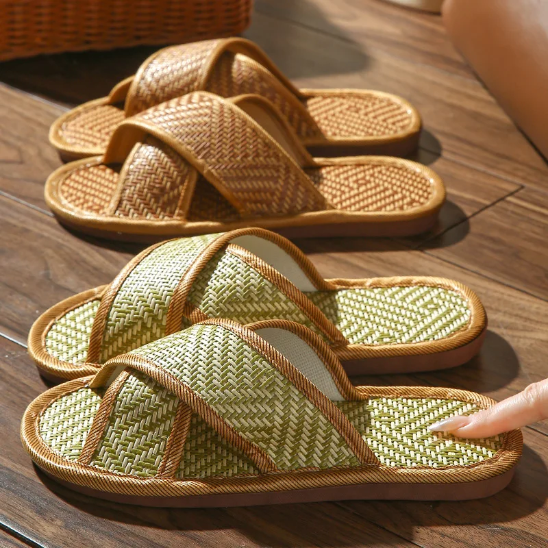 Unisex Straw Linen Slippers Summer Indoor Home Shoes Breathable Non Slip Floor Slide Lightweight Comfortable House cloud Sandals