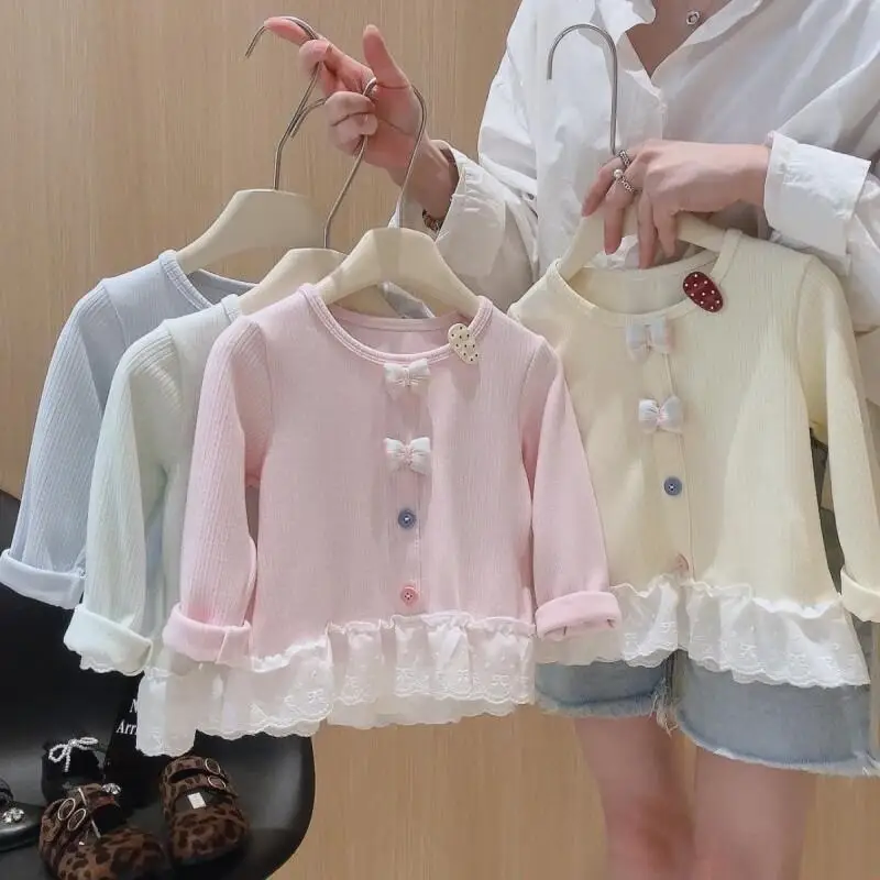 

Girls Spring Autumn Trendy Knitted Sweater Round Neck Long Sleeve Candy Color Hoodie Princess Style Lace Bow Children Clothing