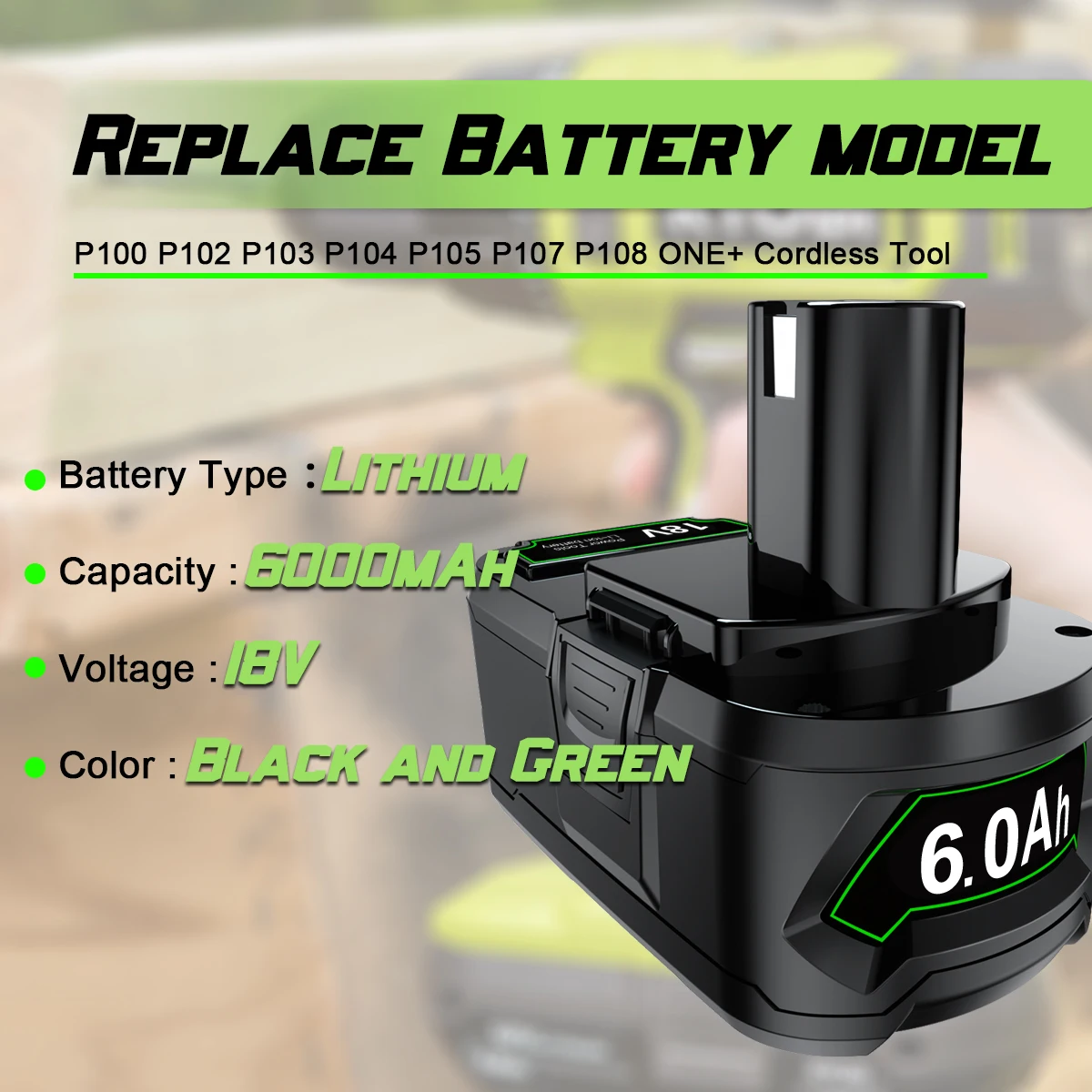 For RYOBI P108 18V One+ Plus 6.0Ah High Capacity Battery 18 Volt Lithium-ion with BMS