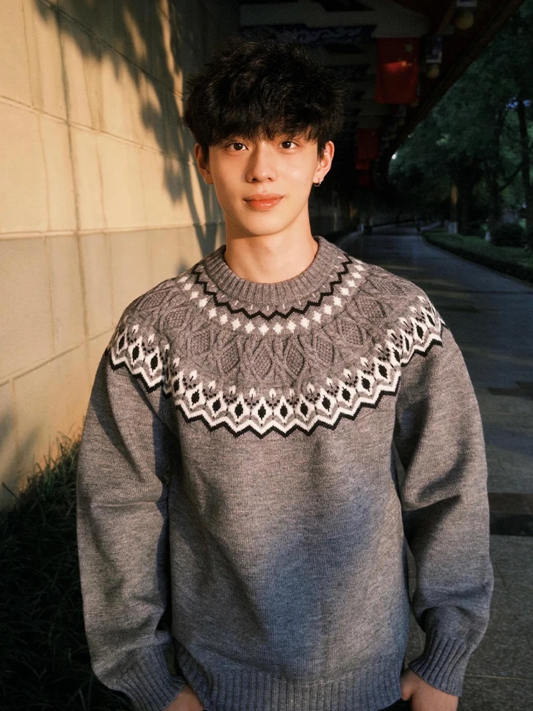 

ay American Sle Cleanfit Fair Isle Knitwear Men's Lazy round Ne oulder Insertion Long Sve Sweater Autumn Leisure