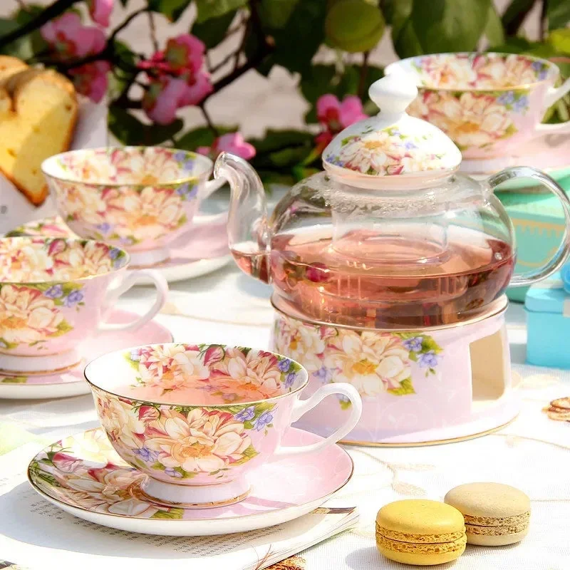 Glass Flower Tea set, European-style Household Boiled Teapot Black cup Ceramic Complete Afternoon set Can be heated