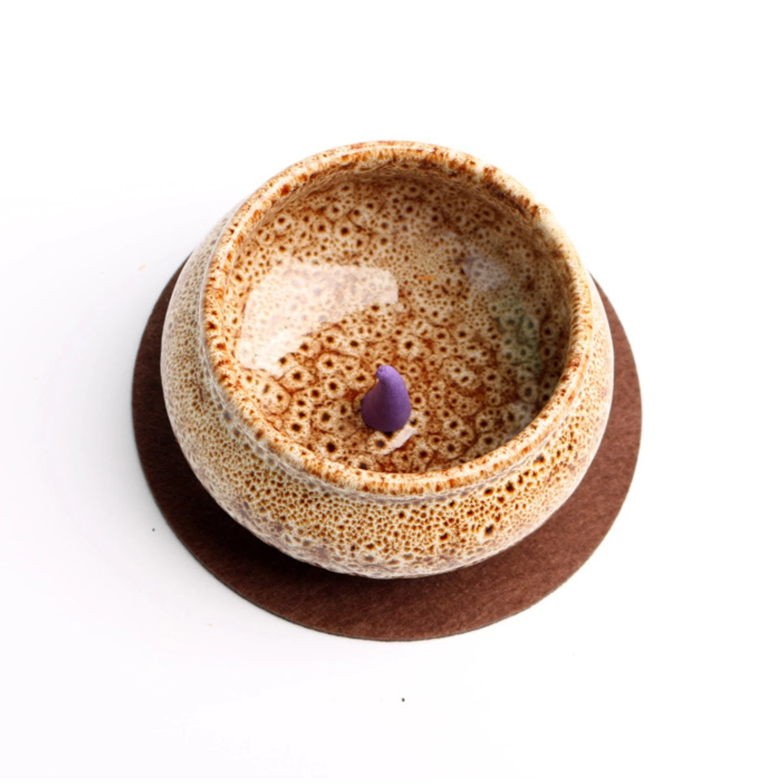 Textured Glazed Incense Burner Bowl-Shaped Three-Legged Incense Burner Home Decor Round Mat Included Decorative