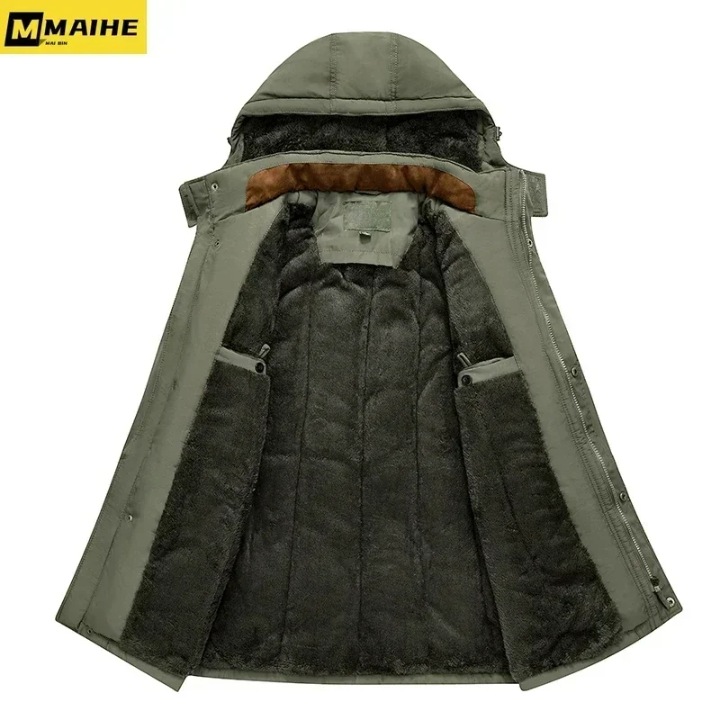 Parkas informales con forro polar grueso para hombre, abrigo cálido con sombrero desmontable, chaqueta de invierno de longitud media para caza y