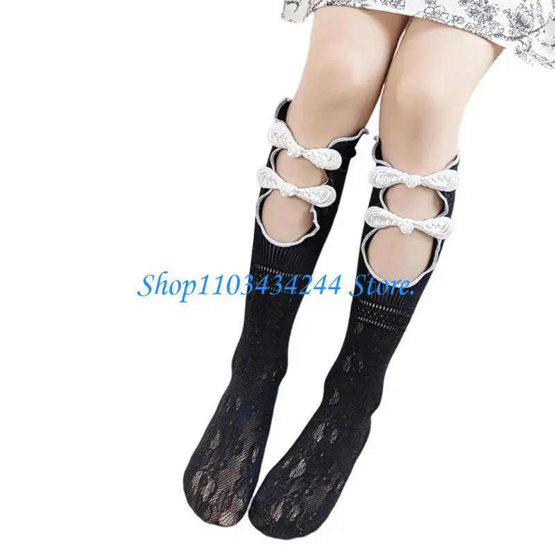 1 Pair Elegant Cheongsam Button Girls Socks Fashionable In Tube Socks Classical Chinese Female Piled Up Socks