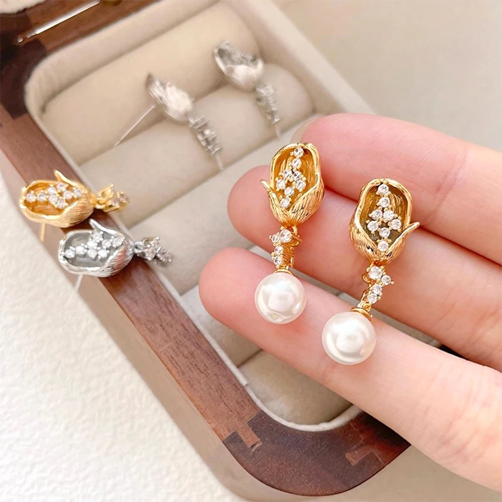 

1 Pair Brass Plated with Genuine Gold Three Dimensional Tulip Studded Zircon Earrings DIY Jewelry Making Accessory Materials