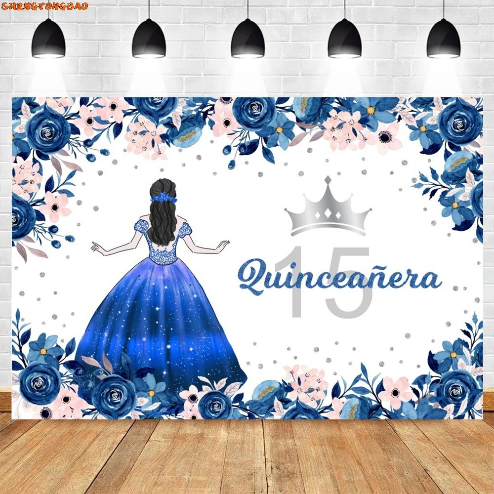 Backdrop for Photography Birthday Party Quinceanera Sweet 15 16th Princess Girl Glitter Crown Flower Dress Photo Background Prop