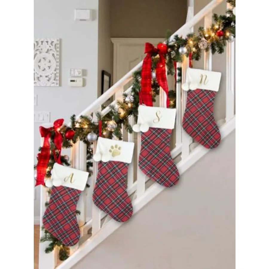 20" Classic Plaid Christmas Stockings Initial Monogram Embroidered Stockings with Pom Pom Ball for Christmas Fireplace Decor an - view 5