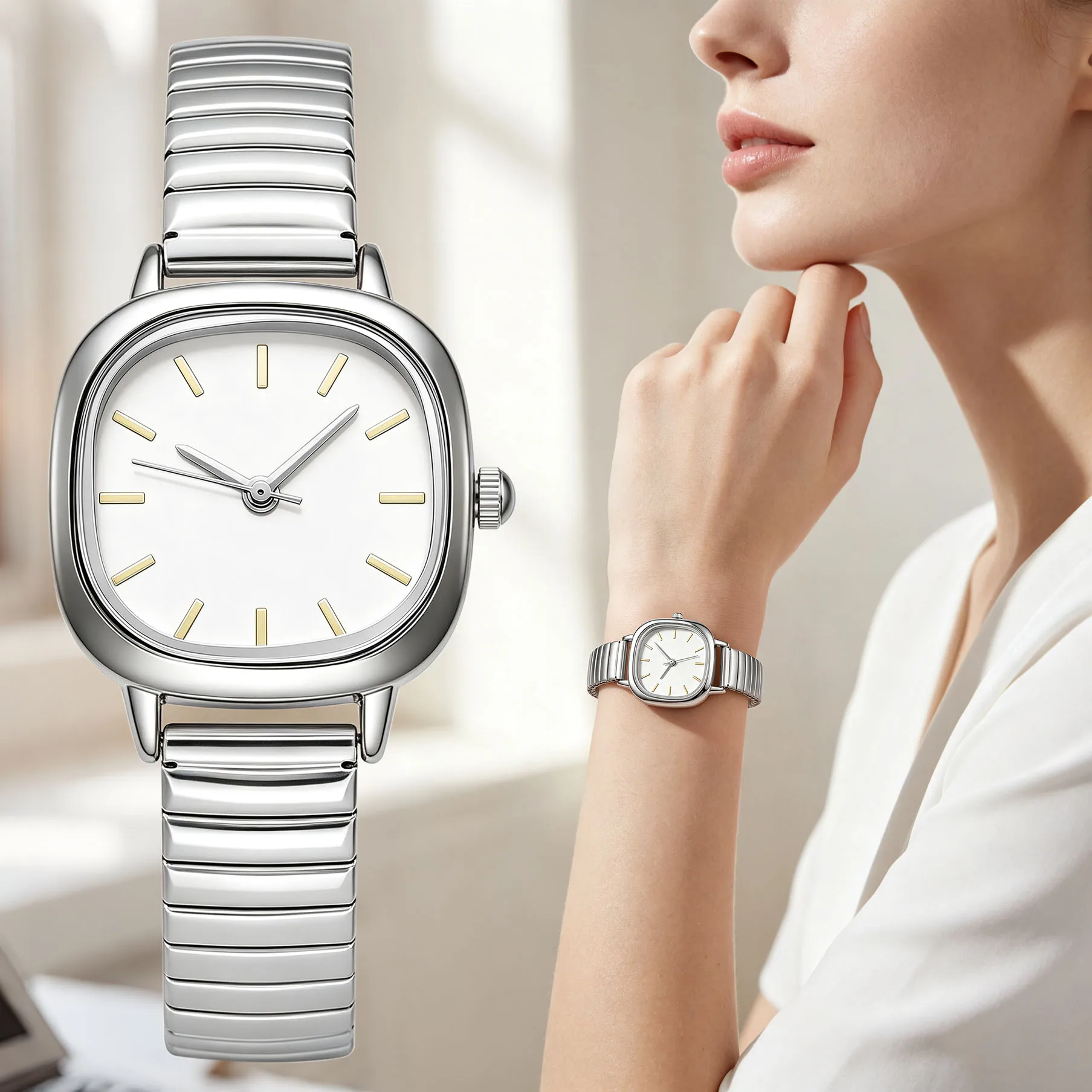 Minimalist Square Women Quartz Wristwatch Silver Alloy Rounded Square Case Bar Index Elastic Strap Ladies Watch