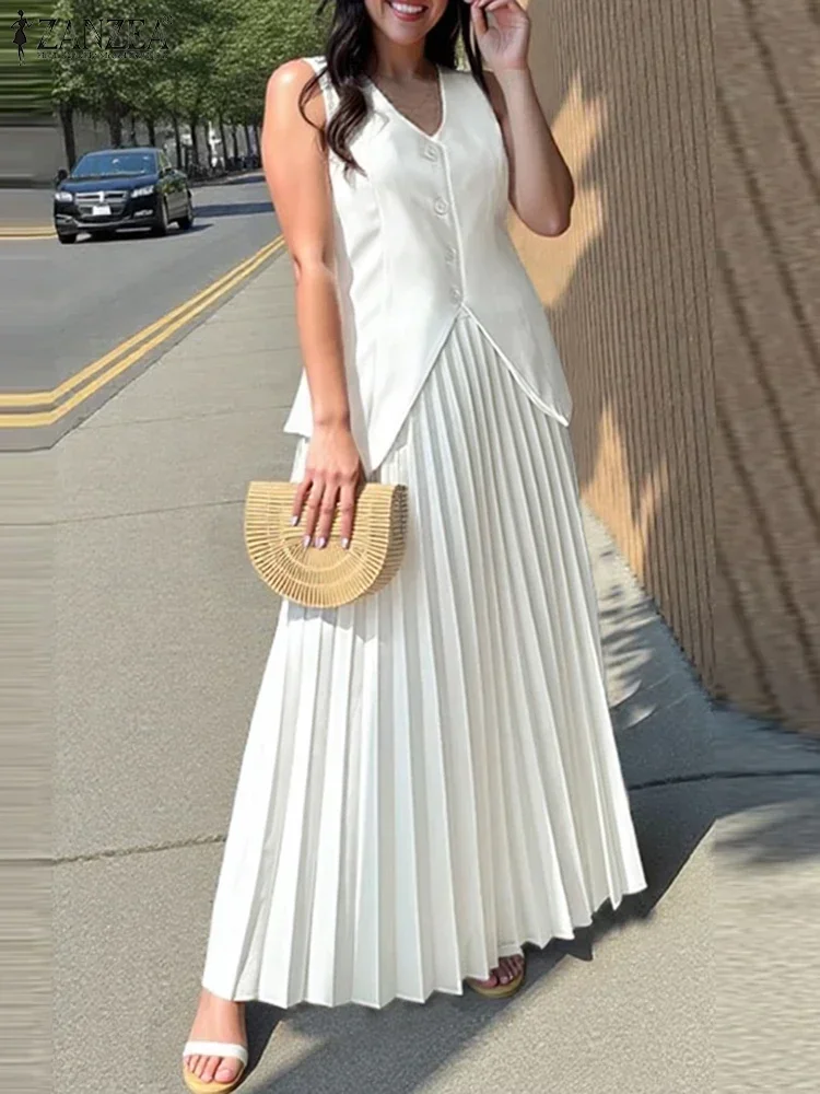 ZANZEA Summer 2PCS Dress Sets 2025 Fashion Women Casual Loose Vest Outfits Holiday Long Pleating Skirts Suits Matching Suits