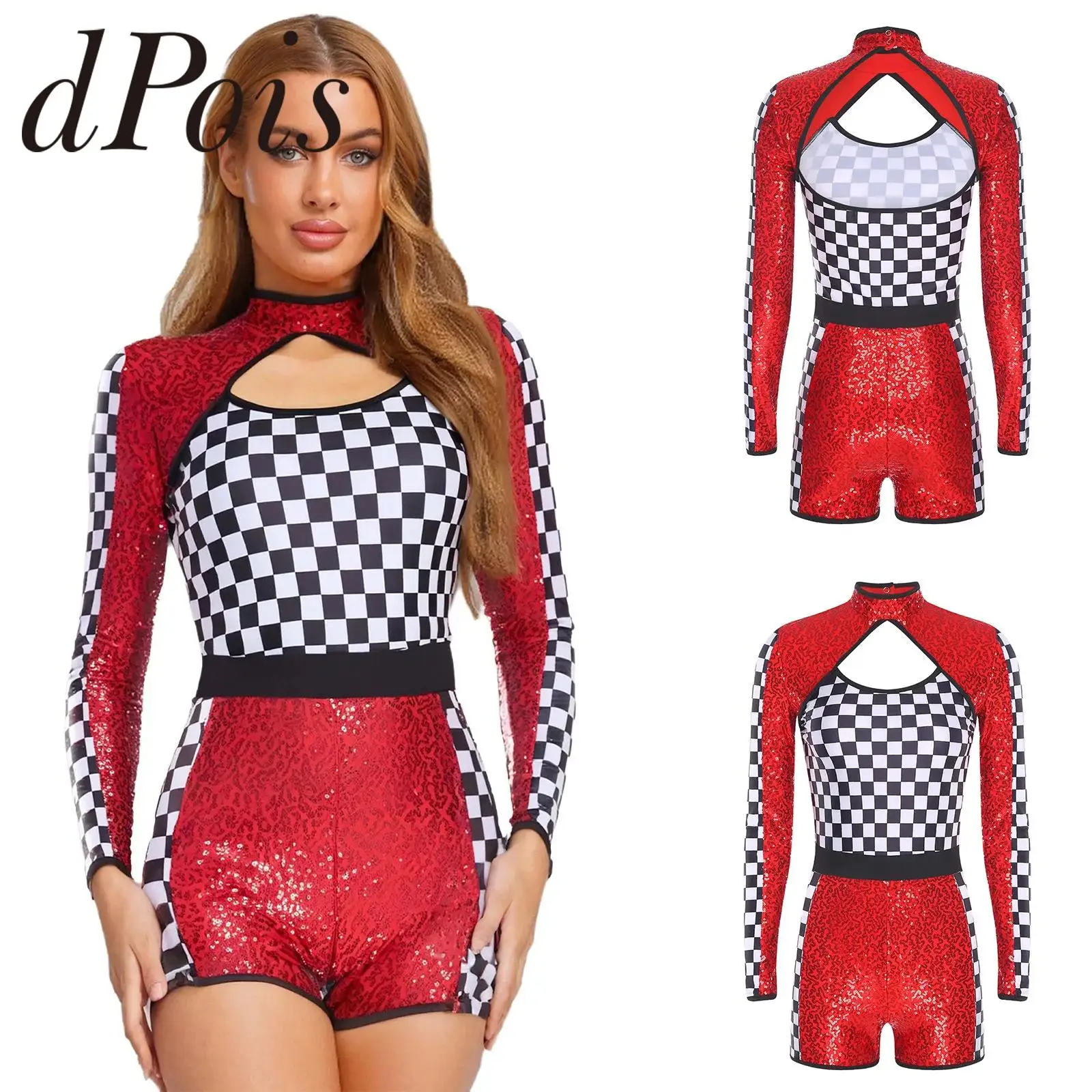 

Женский танцевальный костюм для ролевых игр с длинными рукавами и блестящими пайетками, клетчатый комбинезон в стиле пэчворк, костюм для гонок на автомобиле