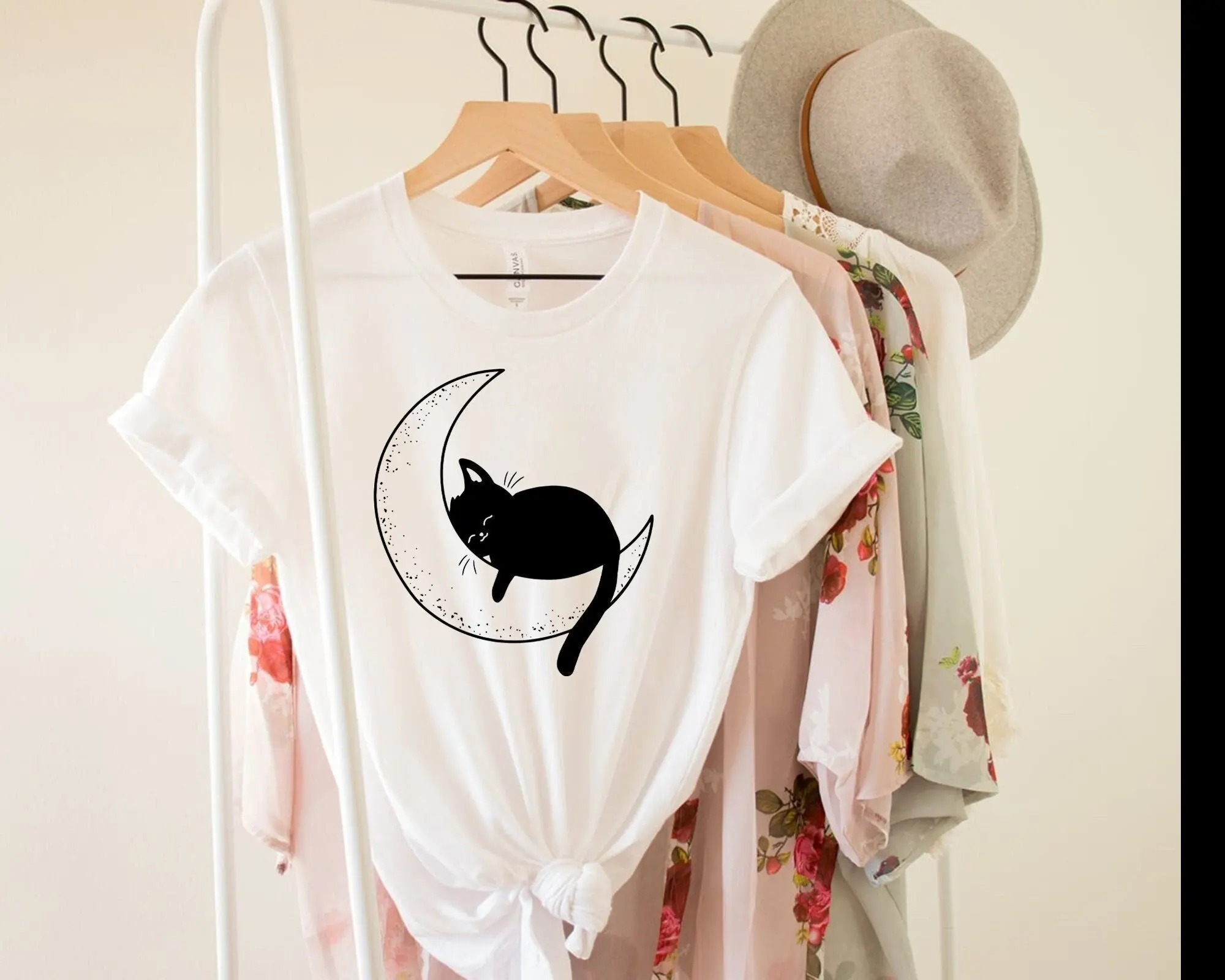 Cat Lover T Shirt Mom For Lovers Lazy Cute Kitten Sleeping Moon Animal