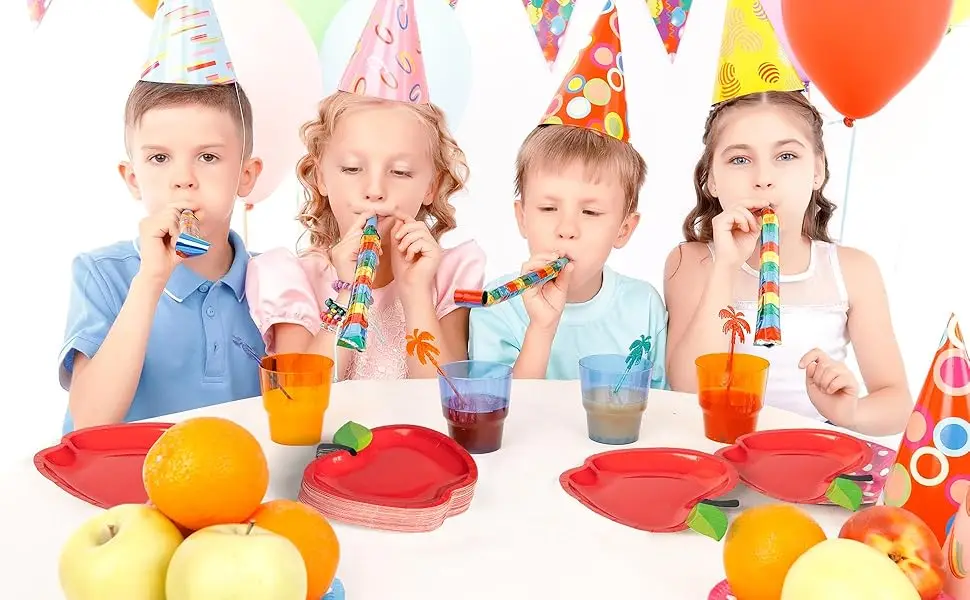 Neues rotes Apfelförmiges Einweggeschirr, 7-Zoll- und 9-Zoll-Teller, Pappbecher, Servietten und Partyzubehör mit Fruchtthema für Geburtstage – Detail 9