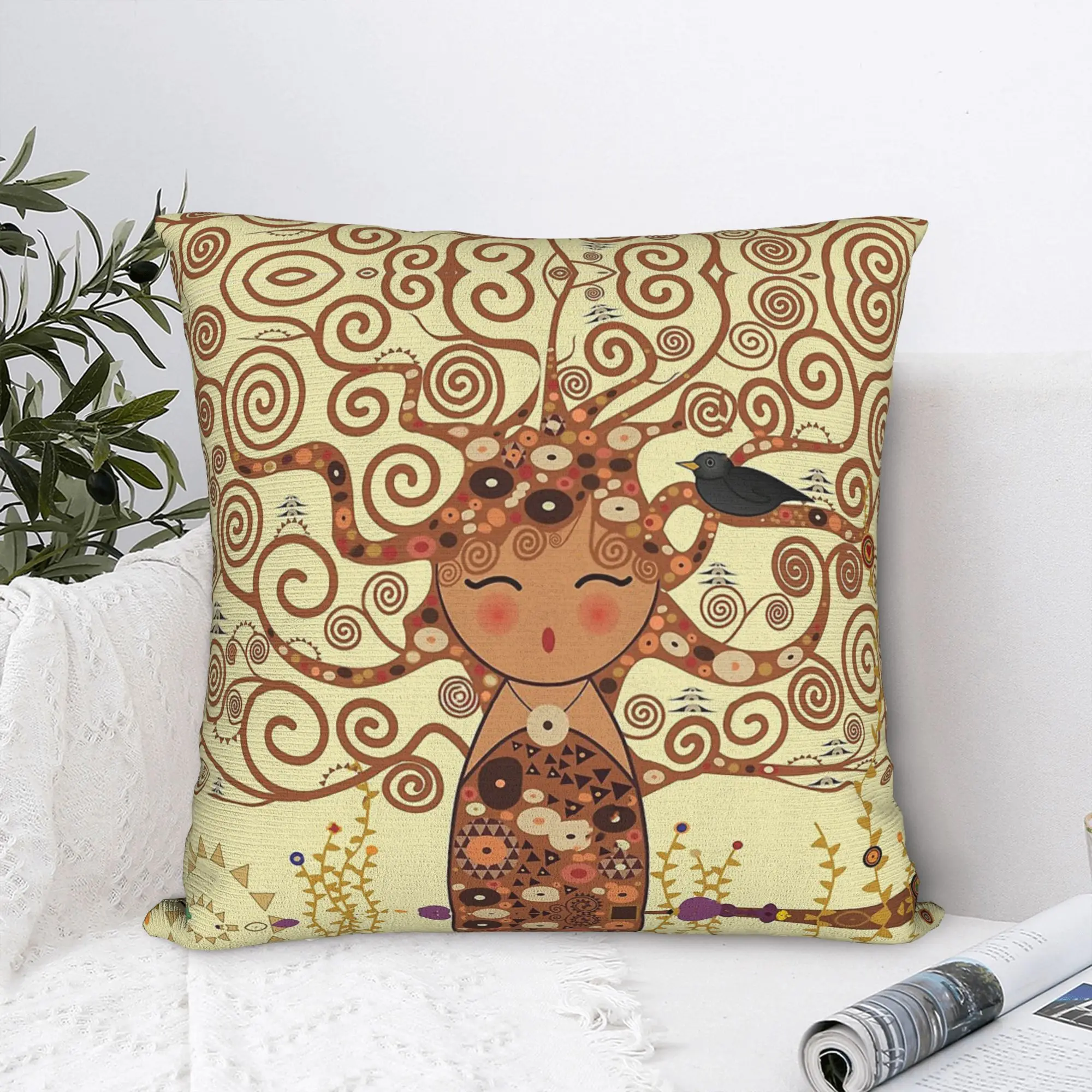Kokeshi-funda de almohada cuadrada con diseño de árbol de la vida, fundas de cojín de Gustav Klimt, funda de almohada decorativa con cremallera para el hogar