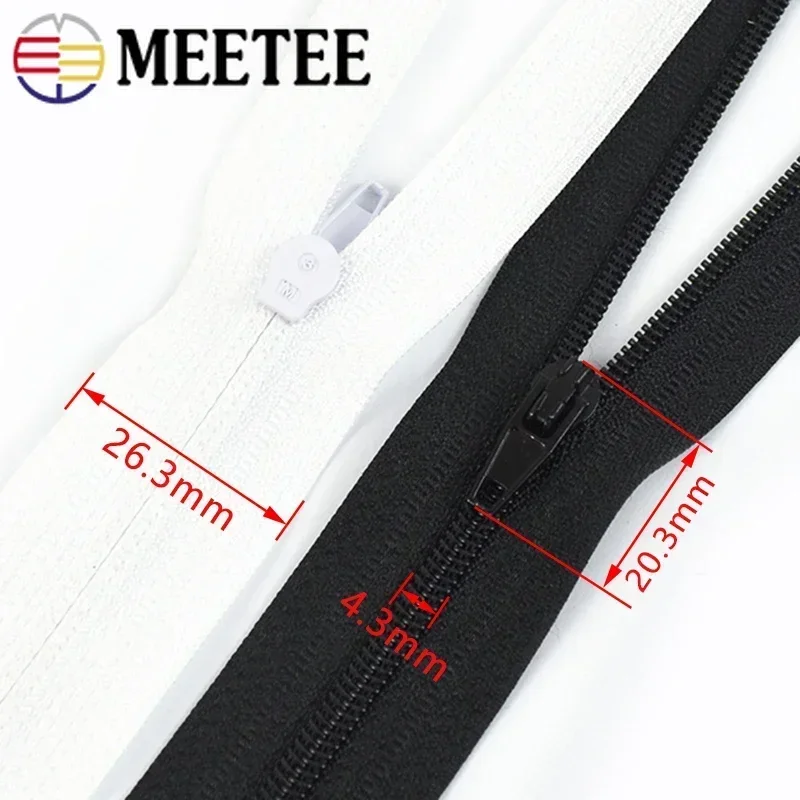 Meetee 5/10Pcs 40-300cm Nylon Zipper Black White Zippers 3# Open-End Auto Lock Zips Down Jacket Coat Front Placket Zip for Sew