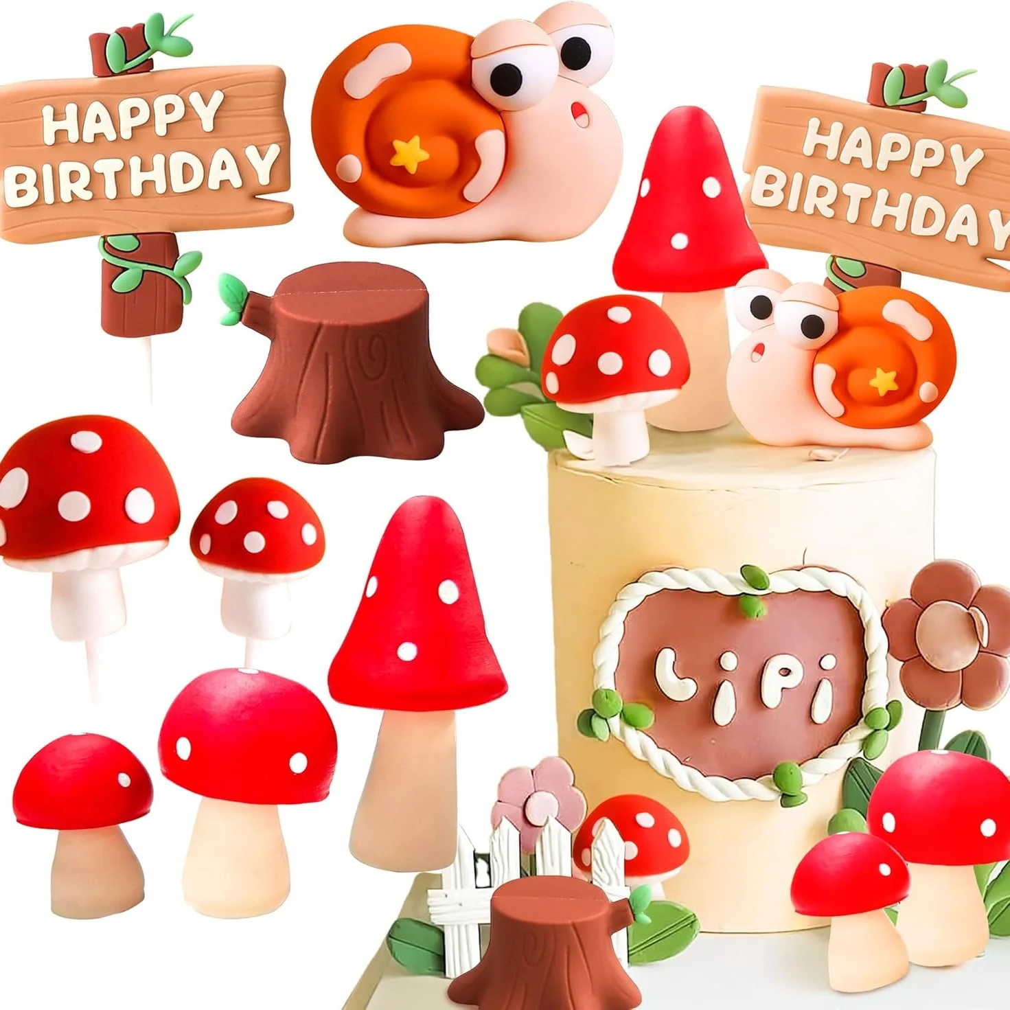 LaVenty Woodland Cake Topper Woodland Pilz Kuchen Dekoration Schneckenkuchen für Wald Babyparty Geburtstag