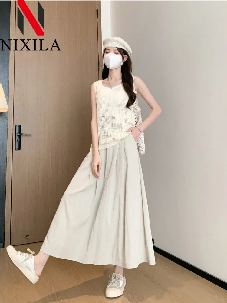 

Элегантная плиссированная юбка с высокой талией и широкими штанинами для женщин, весна-лето, повседневная драпированная юбка средней длины до половины тела