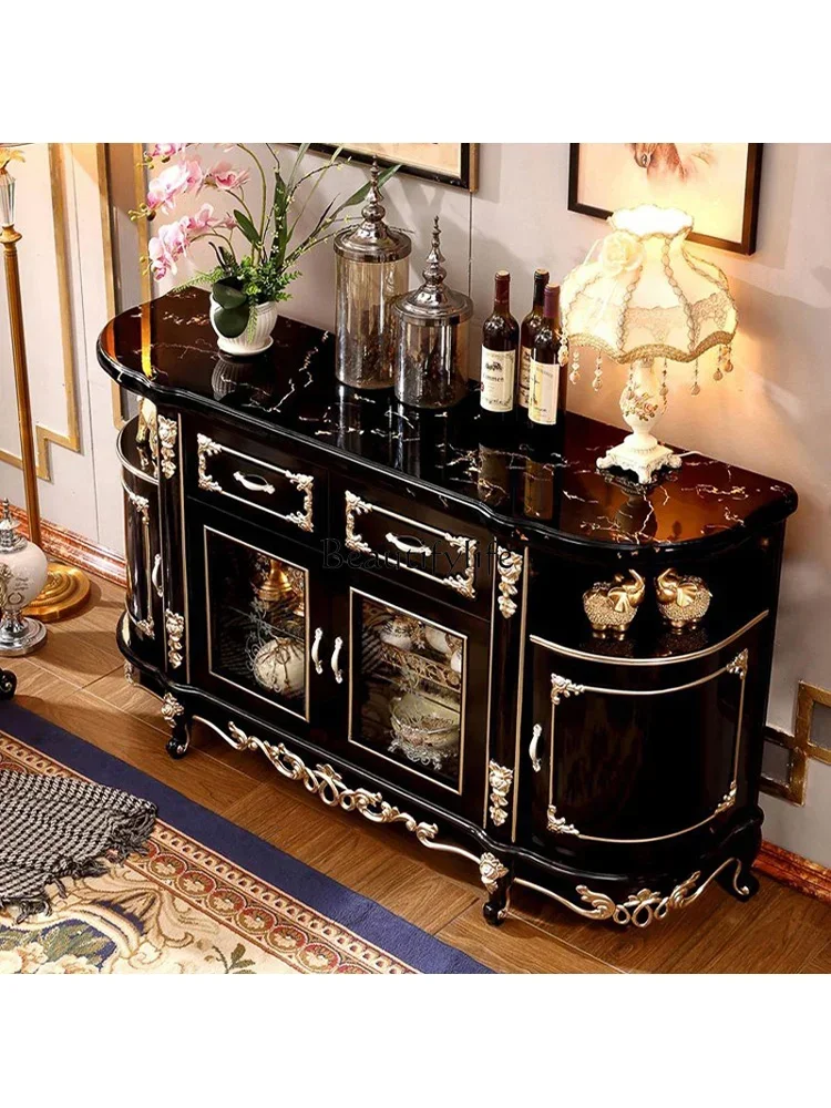 

442Dining Side Solid Ebony Color Storage Wine Bowl Oval Marble Cabinet