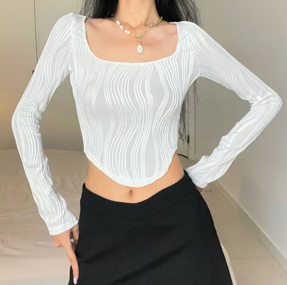 Women's T-shirt Top Fashion Casual Elegant Commuting Pullover Solid U-neck Texture Slim Fit Long Sleeve Scallop Hem Crop Top