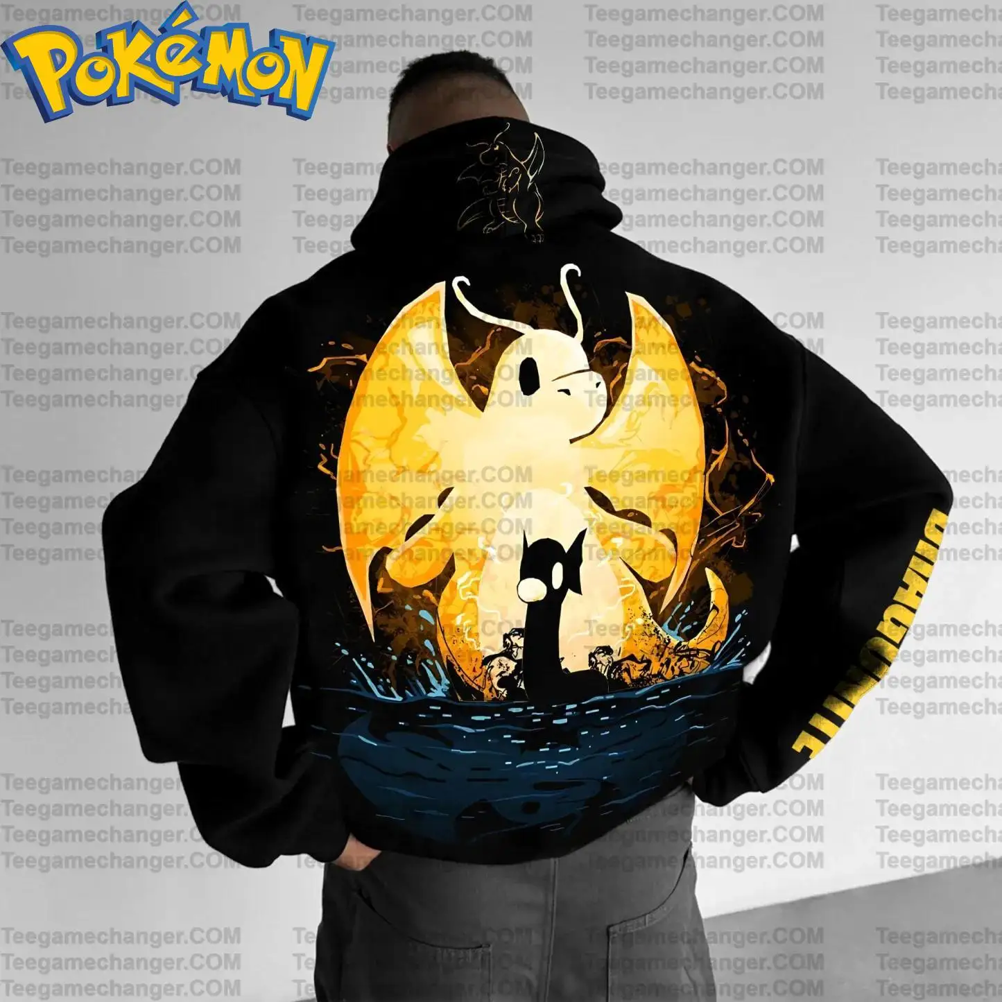 طقم بناطيل هاراجوكو بقلنسوة قطنية من Pokemon Anime Dratini Dragonair مطبوع عليه شخصية سوداء مع خلفية قمر الماء الأزرق #3