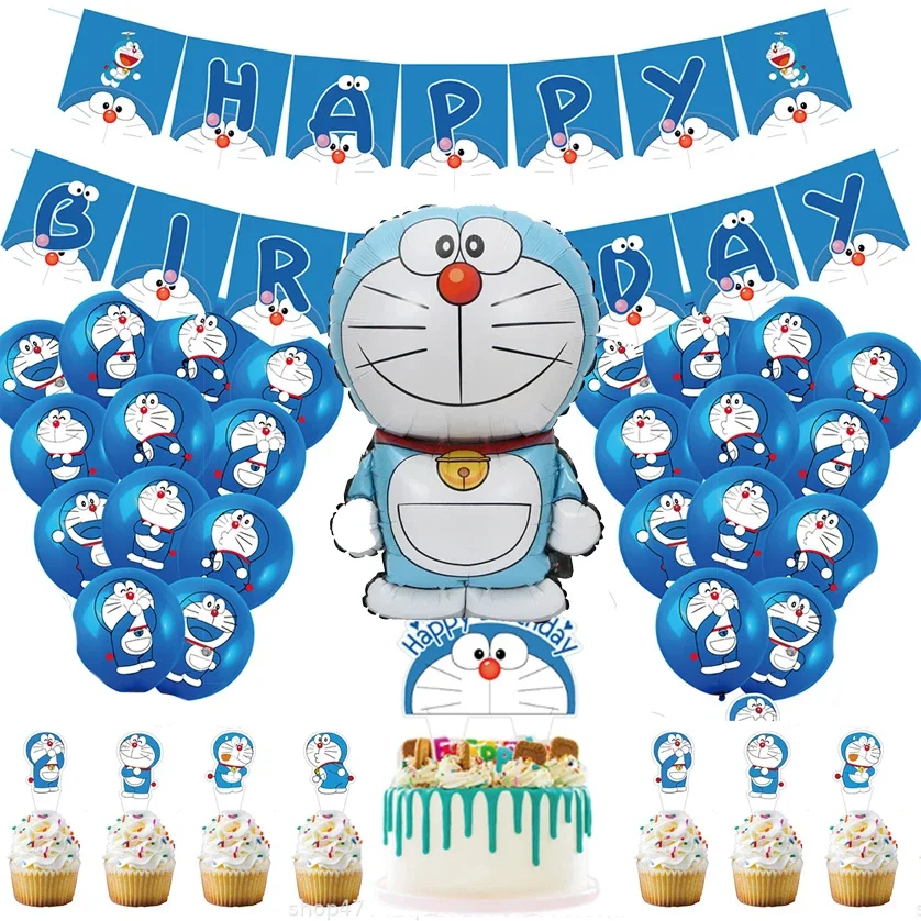 

Doraemons Birthday Party Supplies Cute Party Decoration Cartoon Anime Kawaii Gift New Baby Shower Balloon Cake Toppers Cup Plate