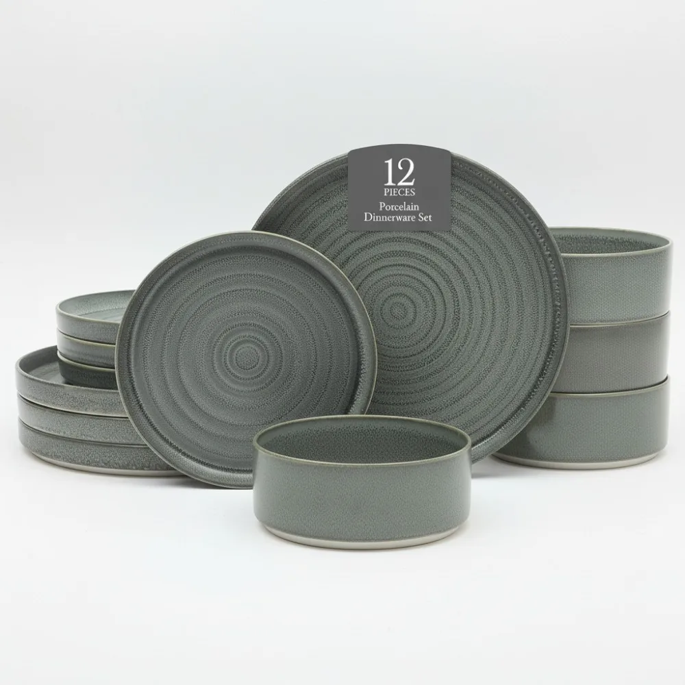 Juego de vajilla de porcelana de 12 piezas para 4 platos apilables azules con esmalte reactivo, cuencos, cocina moderna