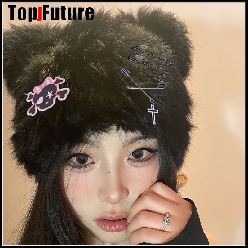 Y2K Japanse Harajuku Kawaii Zwart Wit Bunny Faux Fur Schedel Kat Oren Hoeden Vrouwen Girl Winter Warm Lamswol Leuke Beanie caps