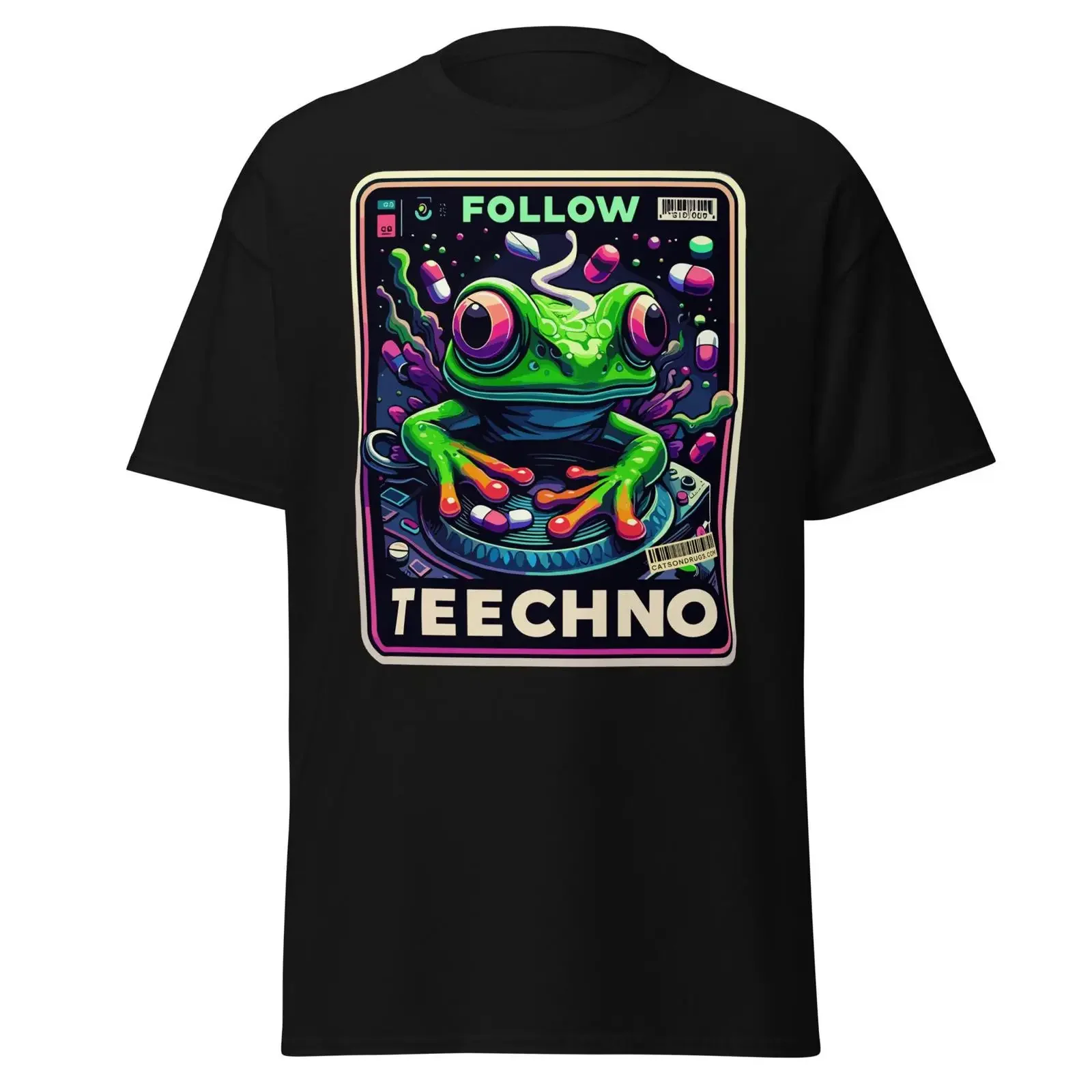 Follow T Shirtchno Psychedelic Frog DJ Shirt Techno EDM Rave Outfit Trippy Electronic Music Festival Casual vintage Washed