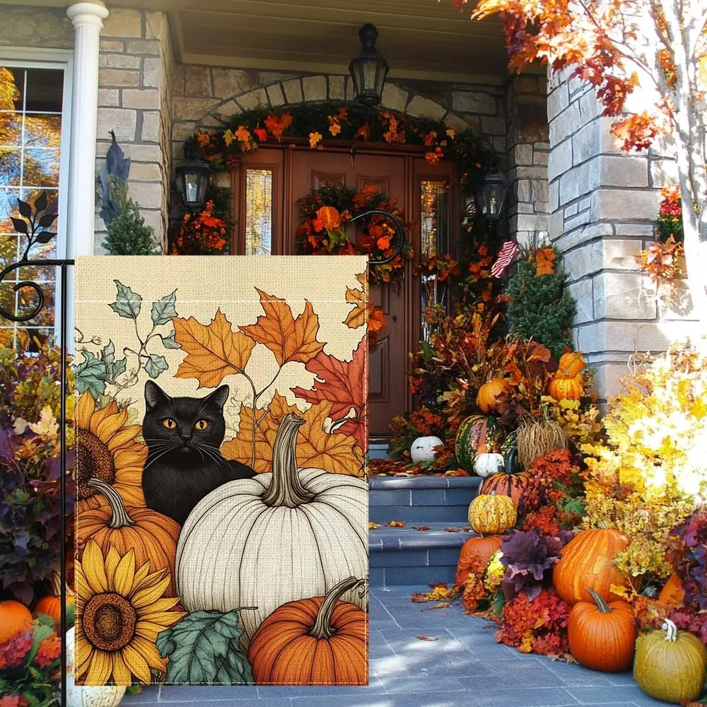 Fall Cat Pumpkin Garden Flag for Outside 12x18 Inch Double Sided Burlap Autumn Thanksgiving Maple Leaf Sunflower Flowers Far zzo