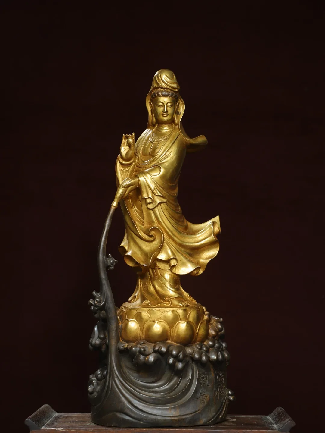 

26"Tibetan Temple Collection Old Bronze Gilded Cinnabar Alocasia macrorrhiza Buddha Guanyin Bodhisattva Amitabha Worship Hall