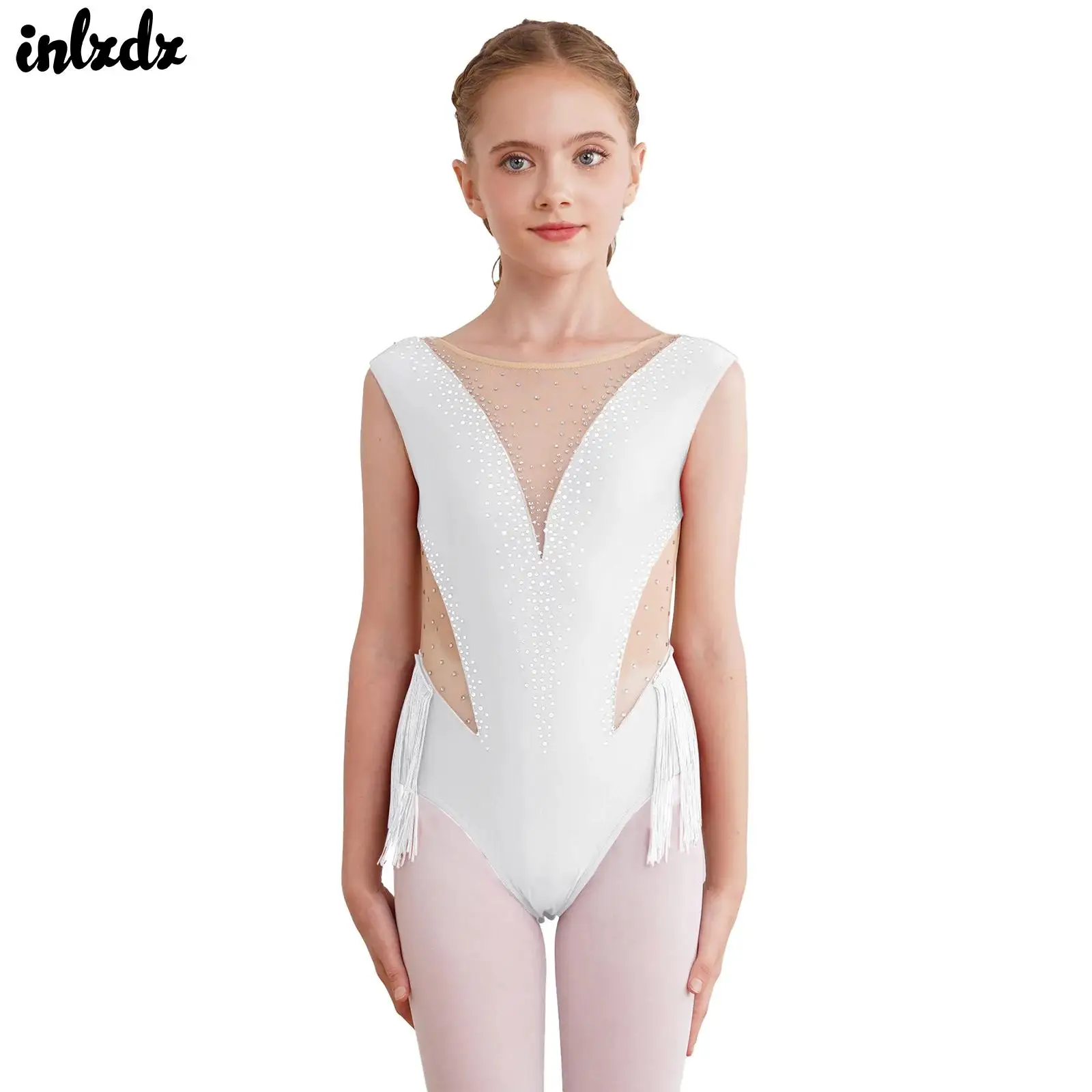 

Kids Girls Rhythmic Gymnastic Tassel Dance Leotard Swing Bodysuit Shiny Rhinestone Artistic Figure Skating Ballet Jersey Costume