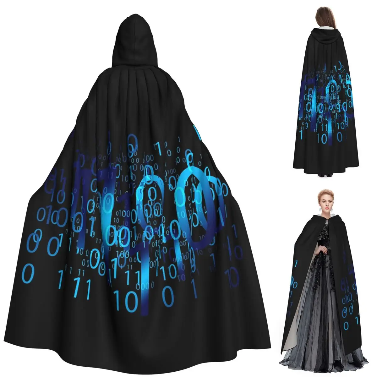 

Binary Code Long Hooded Cloak Witch Medieval Costume Cosplay Cape HalloweenParty Adult Unisex