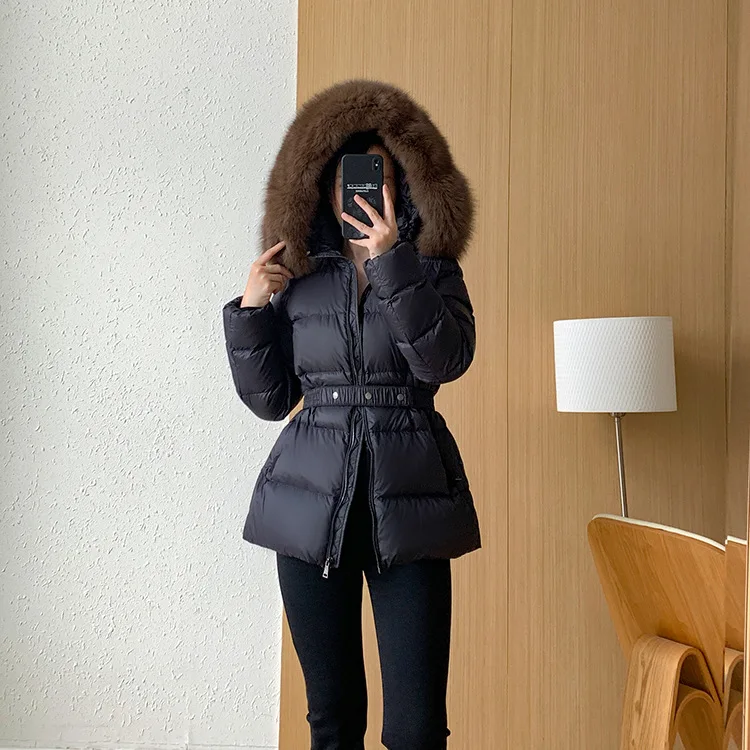 Winter New European Down Coat Women Short White Duck Down Thick Fleece Collar Waist Fit Windproof Hooded Coat